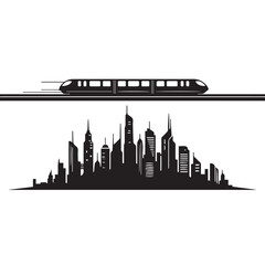 Modern monorail train traveling above a stylized black silhouette of a bustling city skyline