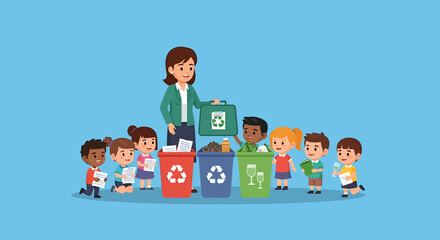 A diverse group of cartoon children with their teacher learning to sort waste into colorful recycling bins. EPS Editable