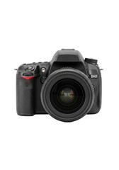 Professional Black DSLR Camera with Large Lens.
