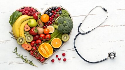 Fruit And Vegetables cut cancer risks as antioxidants that help protect cells from damage lowering the risk of developing many types of cancers as a heart shape and stethoscope.