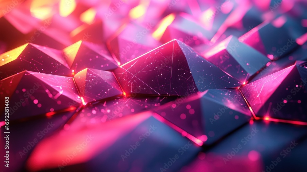 Aufkleber abstract geometric background with glowing pink and blue pyramids and connecting lines.