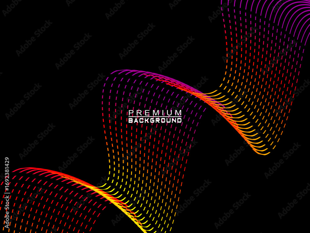 Poster background of colorful abstract wave broken lines flowing horizontally on a black background, suitab