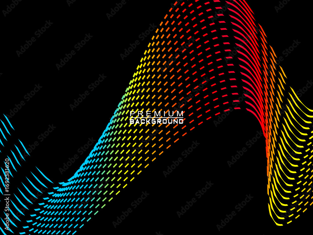Poster background of colorful abstract wave broken lines flowing horizontally on a black background, suitab