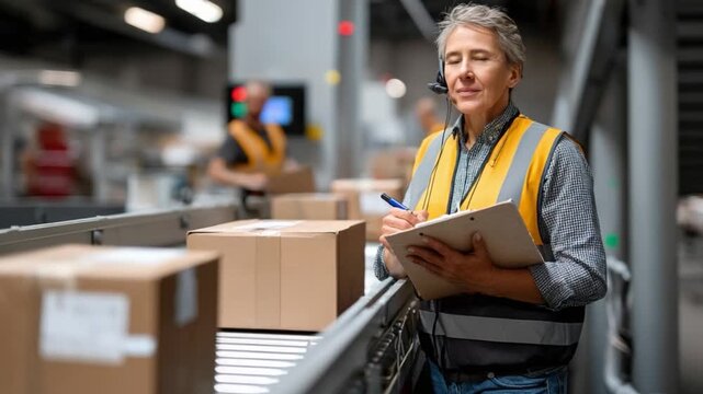 Warehouse operations manager overseeing package sorting modern facility portrait industrial environment professional perspective