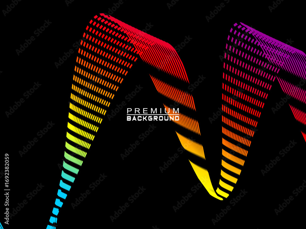 Poster background of colorful abstract wave broken lines flowing horizontally on a black background, suitab