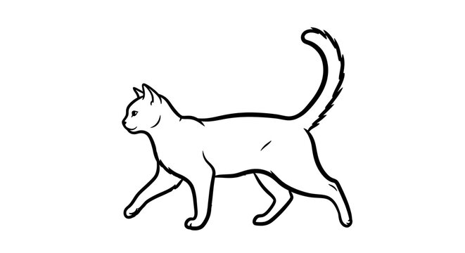 Cat Walking in Simple Black and White Outline Illustration