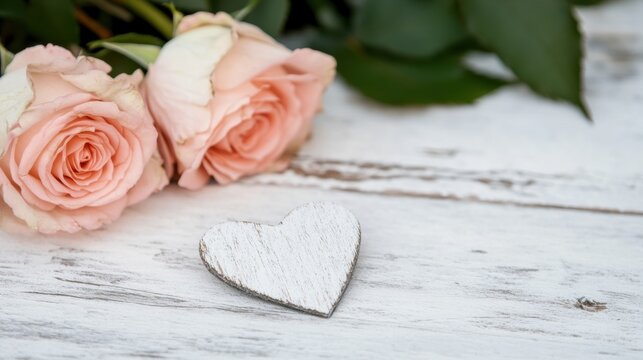 Beautiful pink roses paired with a wooden heart on a rustic table