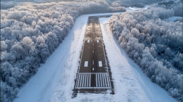 Snow-covered runway with faint markings visible, surrounded by frosty trees and icy winds.
