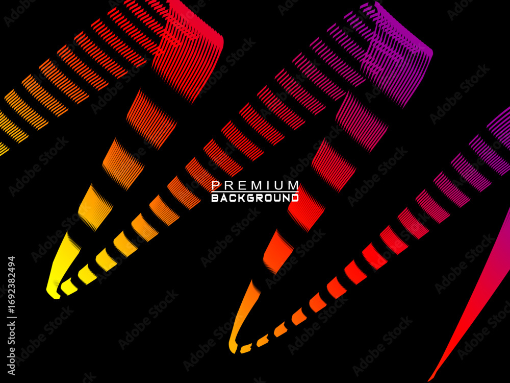 Poster background of colorful abstract wave broken lines flowing horizontally on a black background, suitab