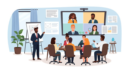 Fototapeta premium Diverse business team in a modern hybrid meeting with a presenter and remote colleagues on a large video conference screen. EPS Editable