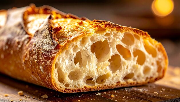 Freshly baked baguette torn in half, airy crumbs and crispy crust, artisanal food photography