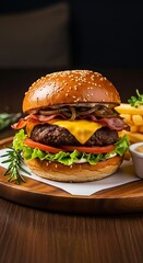 Delicious Burger with Bacon, Cheese, and Fries on Wooden Plate.