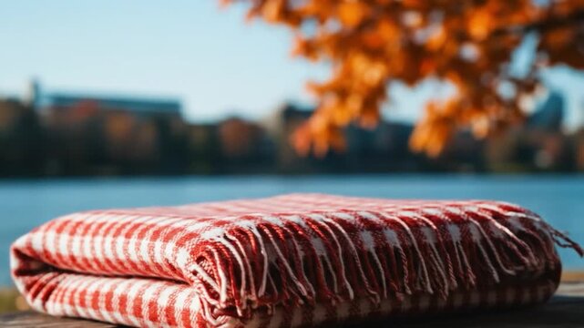 Red gingham blanket folded with scenic autumn background