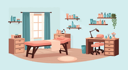 Fototapeta premium Flat vector illustration of a cozy beauty salon interior with a massage table manicure station and shelves with cosmetic products. EPS Editable