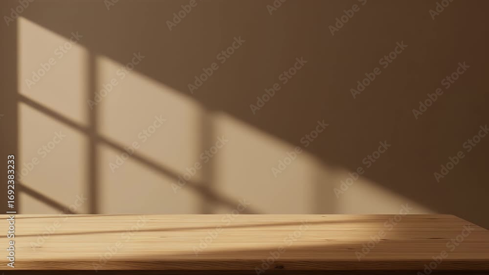 Poster minimalist room with an empty wooden table and window shadow on a brown wall, perfect for a product 