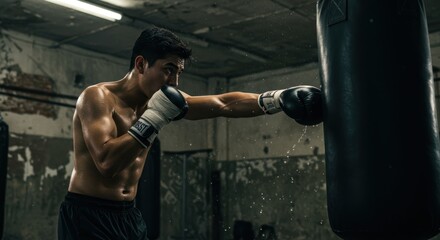 Boxer practicing punch on heavy bag in grungy training gym indoors