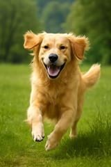 Golden Retriever Running Happily in a Lush Green Outdoor Field