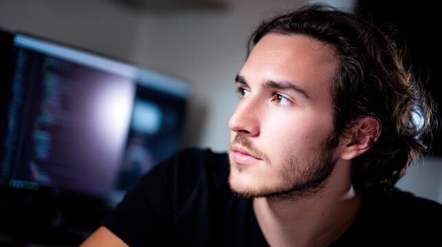 Focused developer working at a minimalist desk setup with soft natural light and a neutral background.