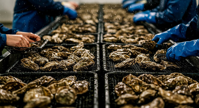 Workers Handling Oysters on Mesh Trays in Seafood Processing Facility