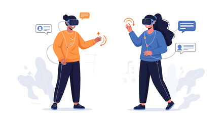 Man and woman wearing VR headsets and haptic suits interacting in a virtual reality metaverse simulation. EPS Editable