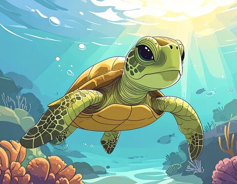 Cartoon sea turtle in underwater coral reef scene