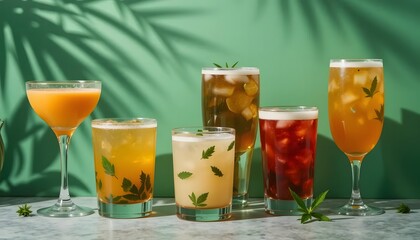 Hemp-Based Drinks in Glasses with Creative Green Shadow Background