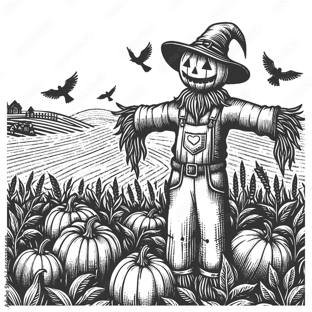 Poster scarecrow with a witch hat standing in a pumpkin field sketch engraving generative ai raster illustr