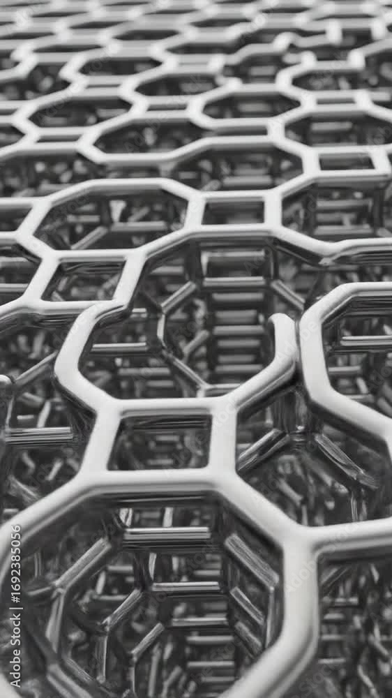 Poster geometric structure with silver reflective hollow hexagonal shapes in perspective and dense backgrou