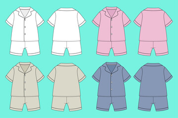Baby Kids Short Sleeve Shirt and Shorts Colourway Bundle Set Fashion Flat Sketch Technical Drawing Template Outline CAD Mockup.