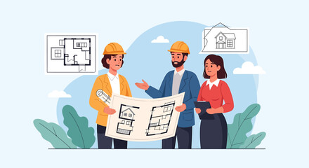 Team of architects and engineers in hard hats collaborating on a residential house blueprint. EPS Editable