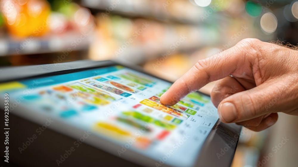 Poster closeup of a customer interacting with an instore kiosk featuring augmented reality to explore produ
