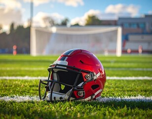 Vibrant red football helmet resting on green grass with goalposts in the background