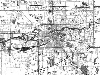 Black and white city map of Elkhart, Indiana, illustrated with fine detail and sketch textures.