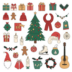 Collection of festive winter holiday objects and decorations representing christmas and new year celebrations