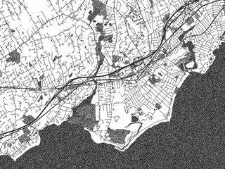 Fototapeta premium Black and white map of Fairfield, Connecticut, designed in a digital hand-drawn style, highlighting roads, parks, and rivers.