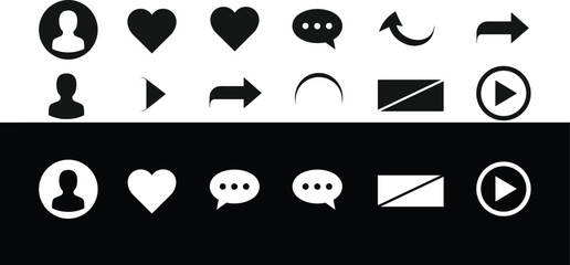 Set of black and white social media icons, user profiles, hearts, chat bubbles, arrows, play buttons, minimal vector symbols.