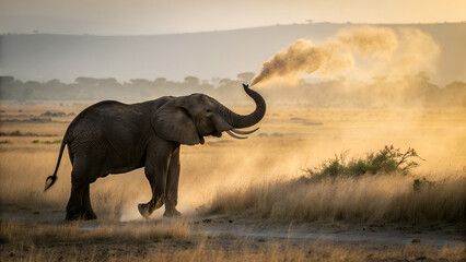 Naklejka premium Majestic African elephant walking through dry savanna at sunset raising dust with its trunk perfect for wildlife photography, safari campaigns and nature conservation visuals