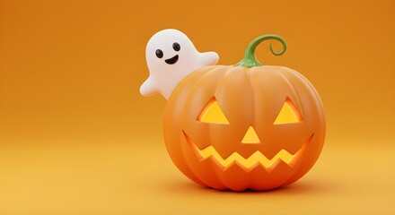 A cheerful white ghost floats playfully beside a carved orange pumpkin with glowing jack-o'-lantern eyes and mouth. The warm orange background enhances the festive and fun Halloween spirit.