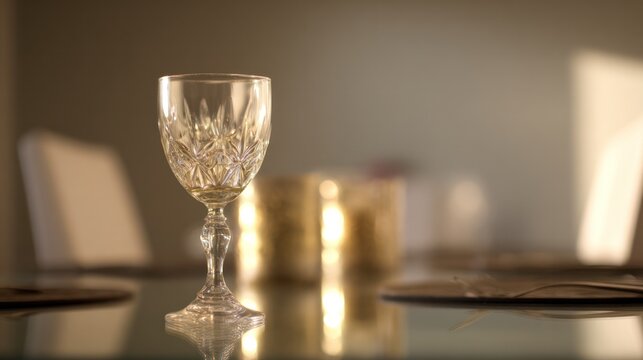 A sparkling white wine glass resting on a polished table, surrounded by gentle reflections.