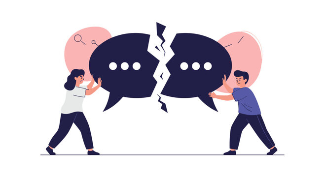 Two people holding broken speech bubbles symbolizing communication breakdown conflict argument misunderstanding