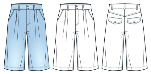 Knee-length pleated Shorts with back flap pockets technical fashion illustration. Denim Shorts fashion flat technical drawing template, front and back view, white, blue, women, men, unisex CAD mockup.