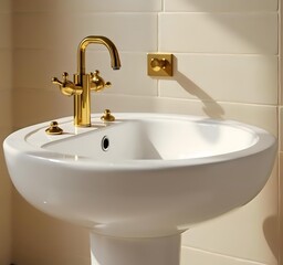 White Bathroom Shower with Glass Door and Gold Handles