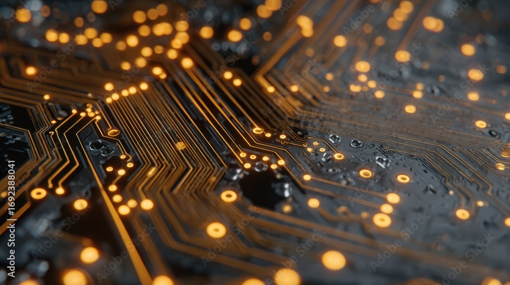 Poster close-up of circuit board with glowing connections and patterns
