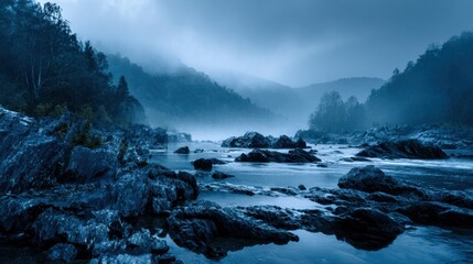 Serene Blue River Landscape with Misty Mountains and Rocky Shoreline