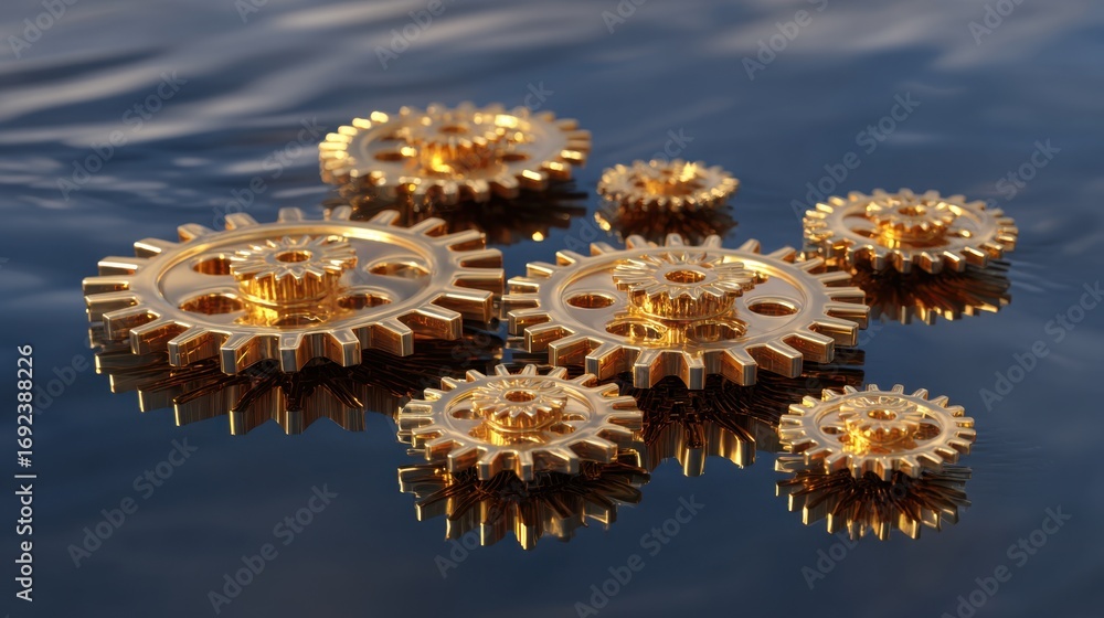 Canvas Prints golden gears floating on water surface reflecting soft light