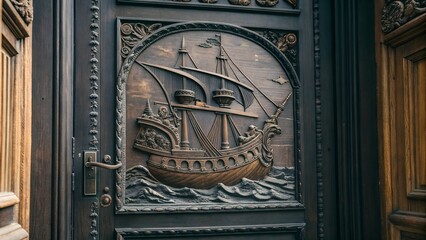 Ornate ship relief on a dark wooden door.