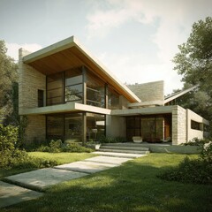 Crisp angles of modern house structure in calm natural tones