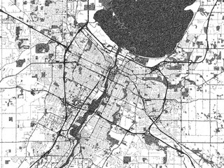 Black and white illustration map of Green Bay, Wisconsin, showing its detailed urban layout in a hand-drawn style.