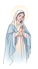Praying Woman Illustration with Halo and Robe on White Background