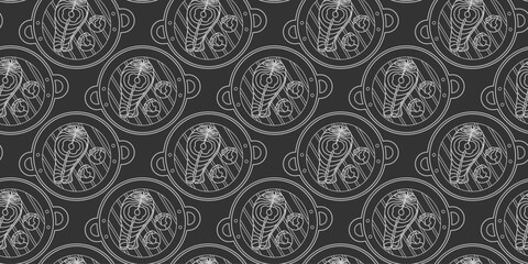 Outline Brussels sprout and Salmon Steak on Grill Pan Seamless Pattern Chalk effect Banner Format